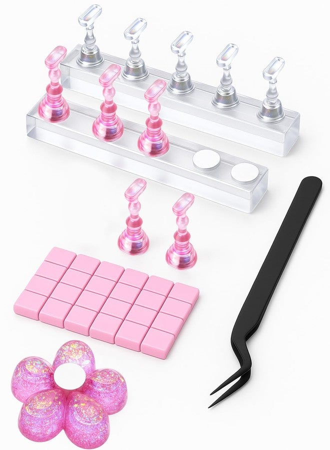HomTop Nail Stand for Press On Nails – 2 Set Acrylic Nail Holders for Nail Art Practice, 10 Nail Stands, 60Pcs Reusable Putty, Flower Shaped Base & Tweezers, Nail Art Tool Kit for Salon & Home - Image 1